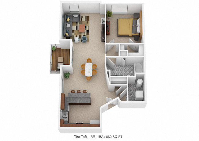 Floor plan for 1 bed, 1 bath, 860 sqft